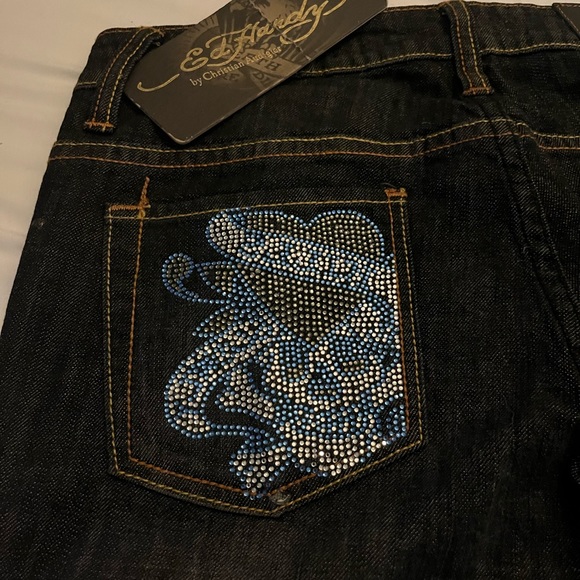 Ed Hardy Rare Crystal Encrusted Love Kills Slowly Skull Bootcut Jeans Sz. 29 NWT - Picture 9 of 14